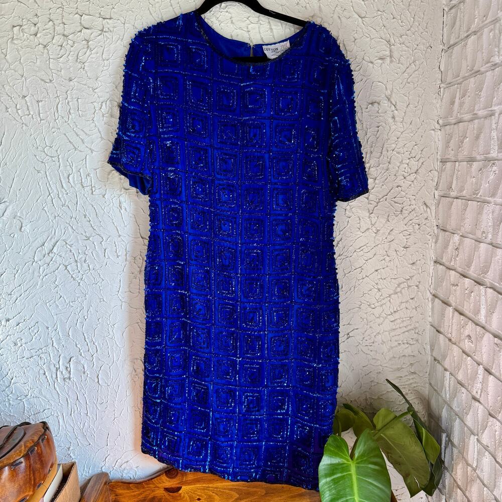 Vintage Blue Beaded Silk Dress Cotton Zone Sequin Cocktail Dress 90s Evening